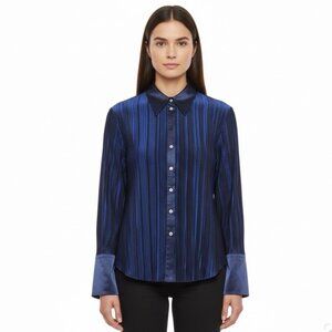 Caviar Womens Navy Satin Blend Pleated Button-Up Shirt Long Sleeve Sz XL